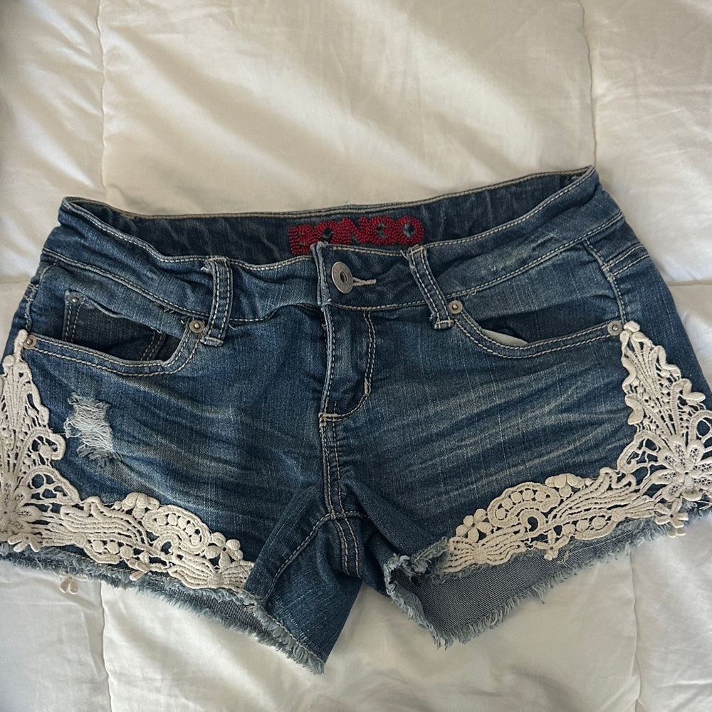 Blue Bongo Denim Shorts with Lace Trim